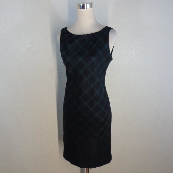 Talbots Green Navy Blue Black Plaid Wool Blend Lace Hem Sheath Dress Size 4 - Picture 3 of 6